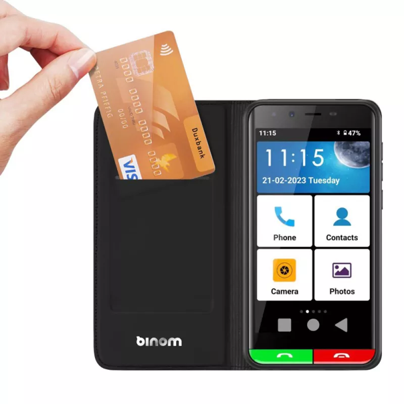 Photo du smartphone Binom SX1 équipé de son étui noir