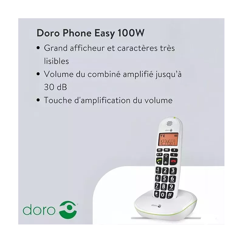 Doro PhoneEasy 100w – Téléphone sans fil senior amplifié 30 dB