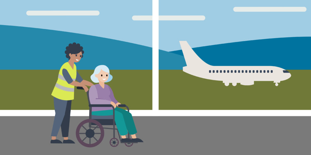 Dessin d'une personne en fauteuil roulant se faisant accompagner par un membre du staff de l'aéroport pour son voyage.